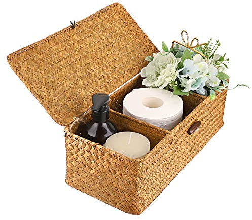 IGNPION Seagrass Storage Basket with Lid - 3 Compartments Toilet Tank Top Organizer - Woven Desktop Rectangular Box for Shelves & Desks - Decorative Caramel