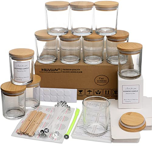 MILIVIXAY Lot de 12 bocaux à bougies en verre transparent de 200 ml avec couvercles et kits de fabrication de bougies – Pots vides en vrac pour la fabrication de bougies