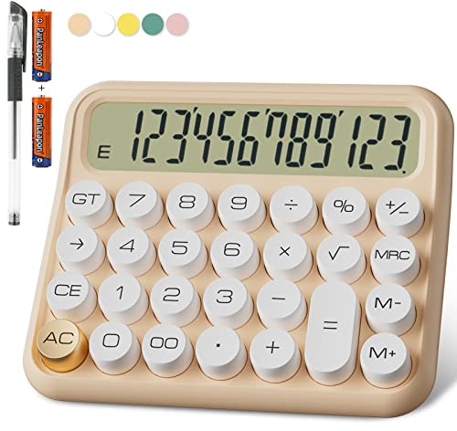 Mechanical Calculator 12 Digit Extra Large 5-Inch LCD Display, DECKLIT Battery Desk Calculator, Big Buttons Easy to Press Use as Office Calculators Desktop, 15°Tilt Screen for Kids Calculator(Cream)