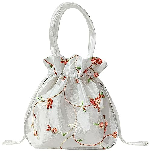 Small Drawstring Pouch Gift Bag Satin Embroidered Potli Coin Purse Handbag | 18.8×18.8×5.1 cm, Small Brocade Clutch, Cotton Lining, Secure Closure, Foldable, for Jewellery, Candy, Wedding Favours, Gifts