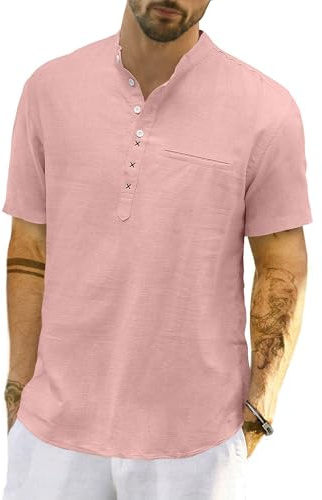 LVCBL Camisa de lino para hombre de manga corta de lino de manga corta Henley camisa verano cuello ligero con banda superior de playa M-3XL
