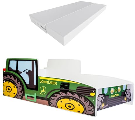 KOBI Kinderbett mit Rausfallschutz Bauernhof | Grüner Traktor | 160 x 80 cm | Jugendbett mit Matratze | Kinderbetten Jungen Mädchen | Einzelbett Kinder Bett Autobett