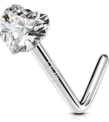 OUFER 925 Sterling Silver Nose Studs, L Shaped Nose Rings Studs, 20G Nostril Solid 3mm Heart CZ Nose Piercing Jewelry, Nose Studs For Women Men (L - 3mm Heart)