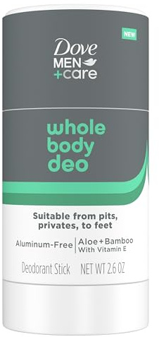 DOVE MEN + CARE Whole Body Deo Aluminum-Free Deodorant Stick Aloe + Bamboo Helps Avoid Chafing Suitable from Pits, Privates, to Feet 2.6 oz