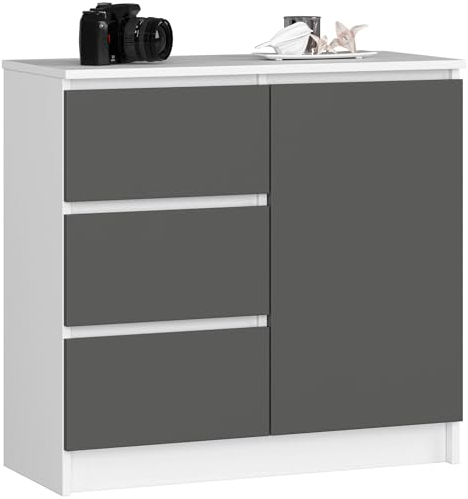 AKORD Kommode K-80 Jerry mit 3 Schubladen | Schrank mit 2 Einlegeböden und 1 Tür | Für das Wohnzimmer Schlafzimmer | Moderne | 16mm Laminierte Platte | 80x77x35 cm | Weiß + Graphitgrau Front