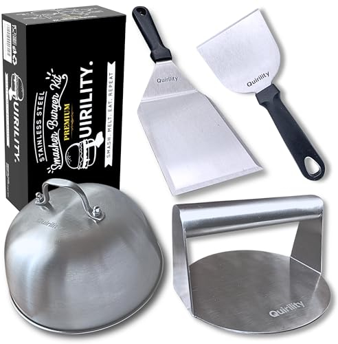 Quirility - Smash Burger Kit - Kit Professionale in Acciaio Inossidabile con Certificato EU Contatto Alimentare - Pressa per Hamburger - Smash Burger Press - Schiaccia Hamburger (Premium)