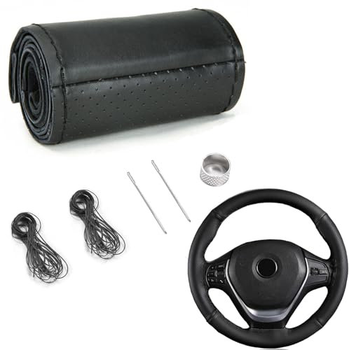 YUNZHISHIYE Coprivolante Universale Per Auto In Pelle Di Vacchetta Cucito A Mano, Coprivolante Per Auto In Morbida Pelle Fai-Da-Te Con Ago E Filo, Adatto Per Volante Da 37-39 Cm (linea nera nera)