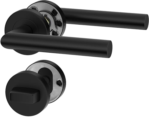 ERGO line NINA Schwarz Türbeschlag für Badtüren WC, L-FORM, Türklinke Schwarz, Rund-Rosette, Türgriff für Türen, Drückergarnitur, Türbeschlag, Türklinken Innentüren, Türdrücker