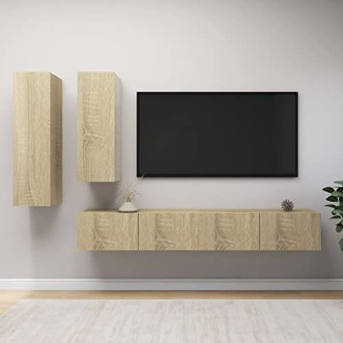 Homgoday Ensemble de meubles TV 4 pièces chêne sonoma en bois multicouche, meuble TV salon, table pour TV, meuble TV salon, meuble TV salon, meuble bas pour TV de salon industriel