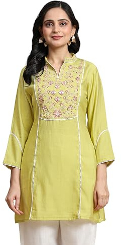TRENDMALLS Women's Art Silk Embroidery Kurta for Women (R98-Yellow-XL)