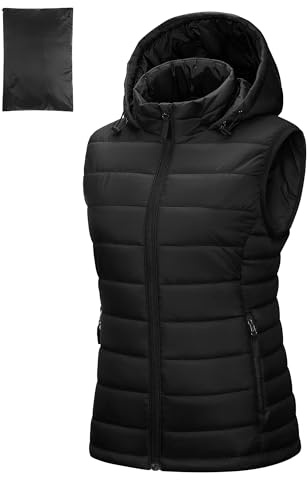 Outdoor Ventures Damen Steppweste mit Kapuze Packbare Übergangswesten Gefütterte Hybrid Sportweste Frau Warme Fahrradweste mit Stehkragen für Wandern Camping Schwarz L