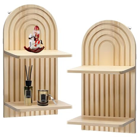 Mokylor 2 estantes de pared bohemios, estante flotante de madera de arco de arco de arco de arco iris de mediados de siglo, estante colgante bohemio vintage para montaje en pared para guardería,