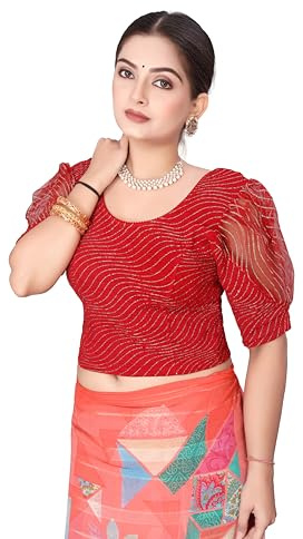 Stretchable Polyester Saree Blouse For Women Showcasing Half Puff Sleeve, Fully Stitched Craftsmanship, Vibrant Multi-colour Design, Chic Top T-Shirt With Silhouette, Red 31 to 35 Bust stretchy