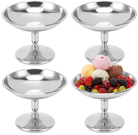 4 Pezzi Coppe Gelato, Ø 10cm 100ml Tazza per Gelato in Acciaio Inossidabile Vintage Ciotola per Gelato Rotondo da Dessert con Piede, Bicchieri da Gelato Yogurt Tazze Caramelle Ciotele (Vintage Tall)