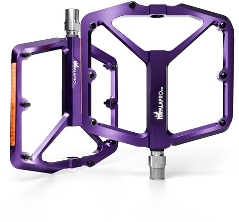IMPALAPRO Flat Bike Pedals with Reflectors CNC Aluminium 9/16” – MTB Pedals with Extra Wide Platform and Removable Anti-Slip Pins – Lightweight Pedals for Mountain Bike & Road Bike 355 g (Purple)