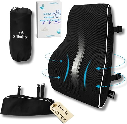 MIKALITY Respaldo Lumbar Silla Oficina, Cojin Lumbar, Asiento Coche, Soporte Espalda Silla de Ruedas, Funda Extra Lavable de Repuesto,Correas Dobles Ajustables, Bolsa de Transporte