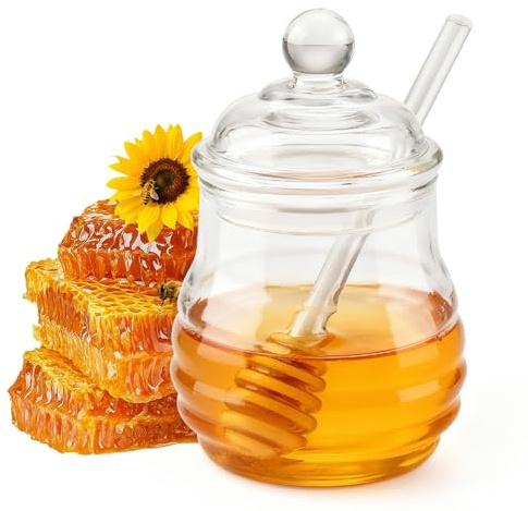 Wozzies Dispensador Miel, 280 ML Dosificador de Miel mit Glaslöffel, Mielera Sind Ideal für die Lagerung von Ahornsirup, Marmelade, Erdnusssasse, Schokoladensauce