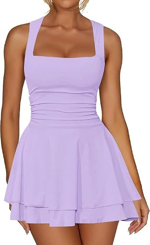 Sukiglam Robe Femme Sexy sans Manches Col Carré Robes Courte d'Été Élégante Dos Nu Mini Robe Moulante de Soirée Décontractée Bodycon Robes à Double Couche Volants pour Cocktail Fête Clubbing