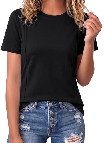 Crewhpo Magliette Donna Manica Corta T-Shirt Estivo Elegante con Girocollo Maglietta Estivo Tinta Unita Top Basic Leggero Tshirt Casual Nero M