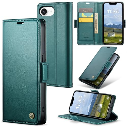 Idhiem Kortplatser Plånboks Fodral för iPhone 16e, Grön | RFID-blockering, Flip Kortplatser Plånboksfodral, Premium PU Läder Skalm, Wallet Case, Stötsäkert Skyddsfodral