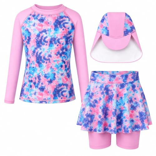 Conjunto de Traje de Baño para Niñas de 3 Piezas con Protección UV Manga Larga Top con Camiseta, Pantalones Cortos y Gorra de Natación 4-9 Años, Morado (, 5-6 años
