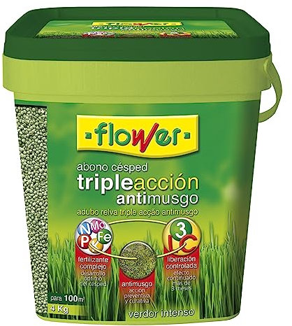 Flower - Abono Césped Triple Acción 4kg | Fertilizante Complejo Anti-Musgo | Efecto Prolongado Más de 3 Meses | Para 100m2, No Aplica Color, 20x20x20.7 cm, Material Abono