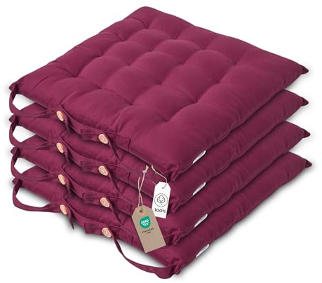 HOMESCAPES Plum Seat Pads for Dining Chair, Set of 4 100% Cotton Chair Pads with Straps, 40x40 cm