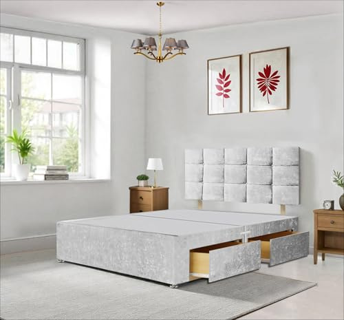 DECORE4U LTD – Silver Crushed Velvet Double Divan Bed with 2 Drawers - Stable 4FT6 Double Bed with Cube Headboard - Solid Frame Bed - Ideal for Small Bedrooms