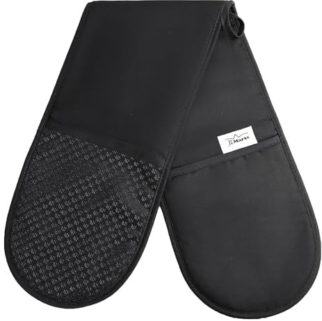J&A Marts® Double Oven Gloves - Heat Resistant Oven Mitts & Potholder -Non-slip Silicone Design -Maximum Heat Protection- Machine Washable for Home & Kitchen Oven Glove Accessories (Black)