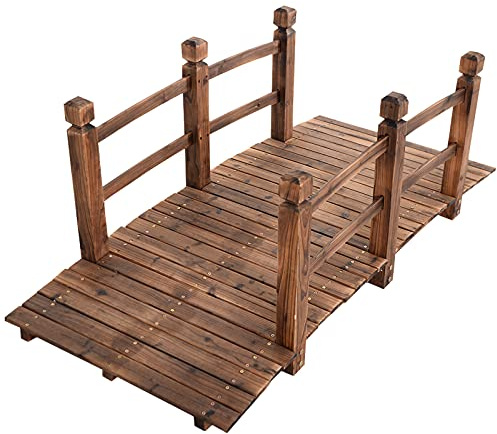 S AFSTAR Garden Bridge, 5FT Wooden Arc Footbridge for Outdoors with Safety Guardrails, Decorative Landscaping for Garden Yard Walkway Creek Farm, 400 LBS Capacity (Brown)