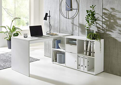 BMG Möbel Eckschreibtisch Lena abschließbarer Tür, Computertisch, Winkelschreibtisch, Homeoffice, Bürotisch, Made in Germany (White)