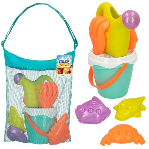 ColorBaby - Juguetes de playa para niños, con Bolsa, Cubo arena, Ø14 cm, cedazo, pala, rastrillo, regadera, barco, moldes, +18 meses (49271)