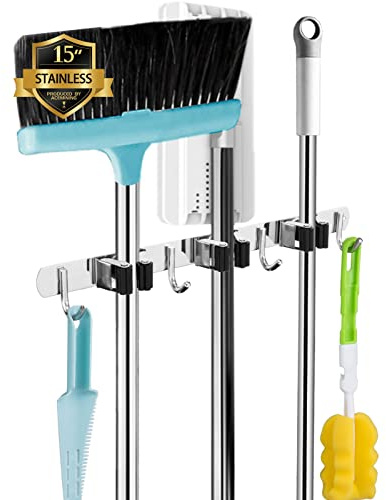 3 Holders+4 Hooks Broom Holder Wall Mounted Stainless Steel Mop Holder | brush holders for wall: nail fitting kit and strong adhesive backing; long handles stay tidy.