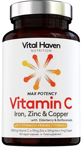 [Vital Haven] Complex Action Formula: Non-Acid Vitamin C + Iron + Zinc + Copper + Calcium with Citrus Bioflavanoids and Elderberry for Maximum Absorption - Premium Ingredients - Made in The UK
