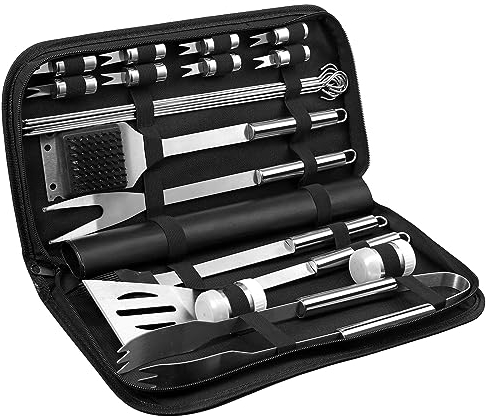 Ustensiles Plancha, HOMGEN 24pcs Ustensiles Barbecue en Acier Inoxydable Kit d'Accessoires Plancha BBQ Teppanyaki Barbecue Spatule Ustensiles Plancha avec Sac Derangement pour Camping