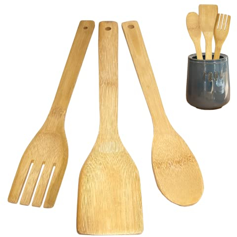 Set di Utensili da Cucina in Legno di Bamboo - Kit di 3 Accessori da Cucina AntiGraffio (Paletta per Cucina, Cucchiaio in Legno, Mestolo) - Attrezzi da Cucina in bambù Naturale