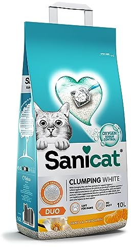 Sanicat - Arena para Gatos aglomerante Blanca - Aroma a Vainilla y Mandarina | | Hecha de minerales Naturales con Control de Olor garantizado | 10 L de Capacidad