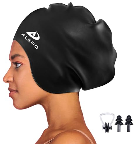 Alepo Extra Large Badekappe Damen Herren, Schwimmkappe Lange Haare Langlebige Silikon mit Ohrschutz, Unisex-Erwachsene Badehaube Bademütze für Dreadlocks Haarverlängerungen Afro Haarwebart(Schwarz)
