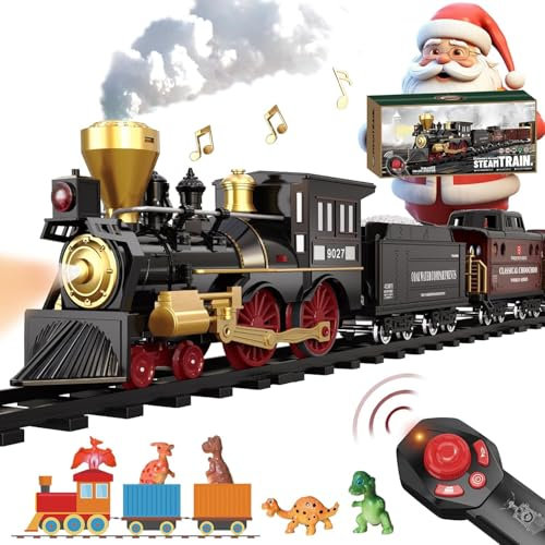 Remote Control Train Set for Boys Girls Kids Electric Steam Locomotive, Cargo Car & Tracks,Trains w/Realistic Smoke,Sounds & Lights,Rechargeable Christmas Birthday Gifts for 3 4 5 6 7+ Years Old…