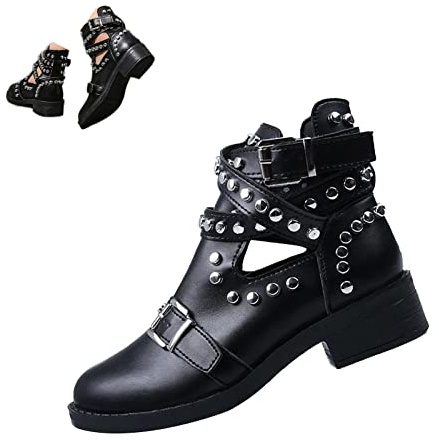 Women's Black Rivet Studded Buckle Strap Ankle Boots,Gothic Punk Cutout Block Heel Motorcycle Cowboy Combat Booties (10,Black,10)