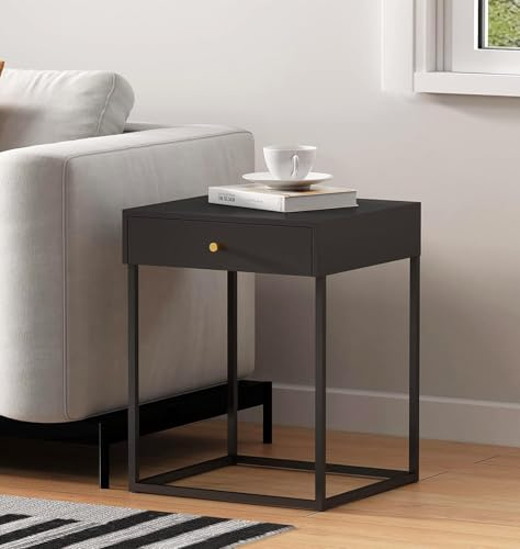 Hallowood Furniture Bewdley Black Metal Side Table with 1 Drawer, Modern Powder-Coated Lamp or Telephone Table with Storage for Small Spaces, Chic Compact Bedroom and Living Room Furniture