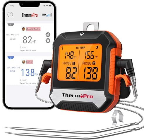 ThermoPro 450 ft Bluetooth Meat Thermometer with 2 Probes, Meat Thermometer Digital Wireless for BBQ Oven, Smoker Thermometer for Cooking Chicken Steaks Poultry