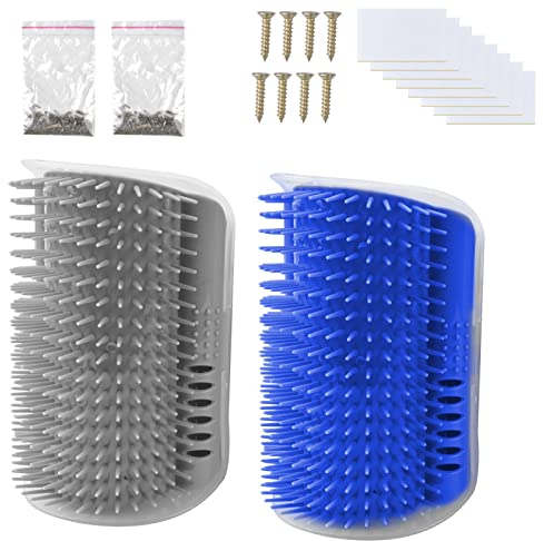 2 Massageecke für Katzen,Grooming Brush Katze,Massage Ecke Katze Bürste mit Katzenminze Montageschrauben und Doppelseitigem Klebeband,Zum Massagen Kitzeln Fell Entfernen