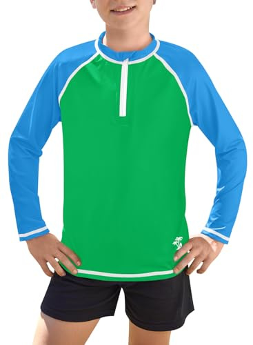 Boys Rash Vest Quick Drying Sun Protection Long Sleeve 1/4 Zip UPF 50+ Swimming Tops Blue & Green 11-12 Years