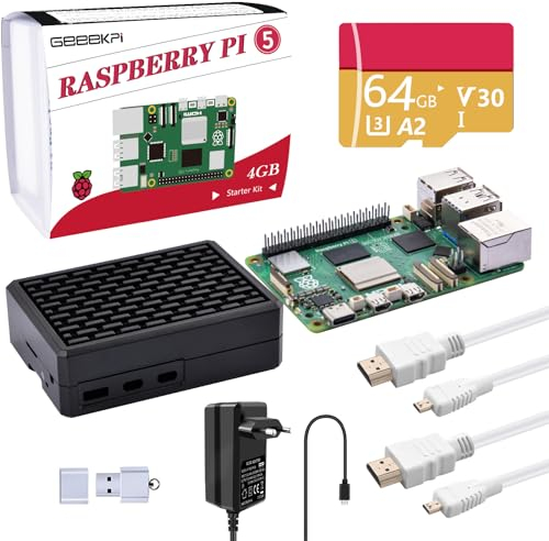 GeeekPi Starter Kit für Raspberry Pi 5 4GB, mit Raspberry Pi 5 & Aluminium Gehäuse Passiv Kühlung Armor Gehäuse V5, 64GB SD Karte und Kartenleser, 2pcs 4K HDMI Kabel, 27W USB C 5.1V 5A Netzteil