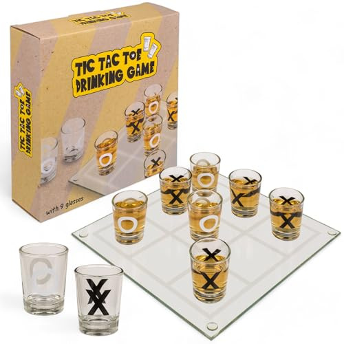 MIJOMA Gioco per bere Tic Tac Toe – divertente gioco per feste con 9 bicchieri, vassoio da gioco in vetro in 2 misure, design a cerchio e croce, garante divertente per amici e familiari (22 x 22 cm)