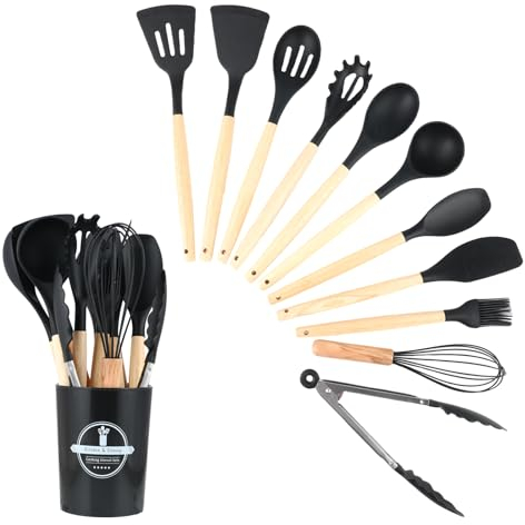 Wenrescry Set di Utensili da Cucina in Silicone Resistente al Calore, Antiaderente, Lavabile in Lavastoviglie, Ergonomico, con Porta Utensili per Alimenti - 12 Pezzi per Cucina Pratica