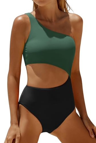 Yonique Women's One Piece Bathing Suit One Shoulder Swimsuit Cutout Swimwear Monokini, Green and Black, Large