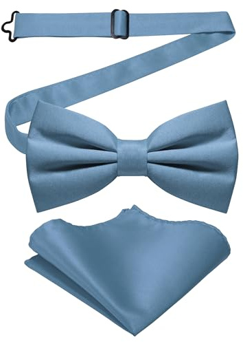 JEMYGINS Ensemble nœud papillon bifold solide mat pour homme avec mouchoir de poche, gris/bleu, M