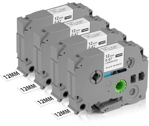OFFCUP Schriftband für Kompatibel für Brother Etikettendrucker, 4 Stück 12mm x 8m Schriftbänder Ersatz für Brother PT-E100、PT-E200、PT-D210、PT-H100、PT-P300BT、PT-1010、PT-1090、PT-110CH、PT-1230PC usw